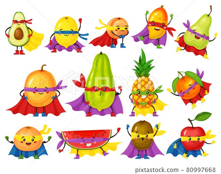 Funny fruit hero characters. Fresh orange, apple, avocado, lemon with cute faces in masks. Cartoon fruits in superhero outfits vector set Funny fruit hero characters. Fresh orange, apple, avocado, lemon with cute faces in masks. Cartoon fruits in superhero outfits vector set 80997668