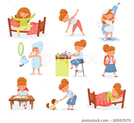 Cartoon cute girl daily routine and children... - Stock Illustration ...