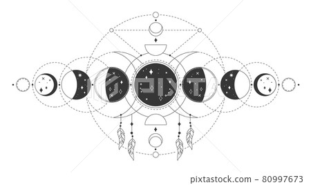 Magic moon phases, mystical sacred lunar phase. Occult astrology tattoo drawing with esoteric geometric elements vector illustration 80997673