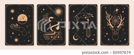 Magic spiritual tarot cards with mystic occult symbols. Vintage engraved boho esoteric tarot card with crystals, stars, moon vector set 80997674