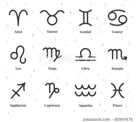 Zodiac sign icons, astrological horoscope symbols, astrology signs. Pisces, aquarius, libra, sagittarius, capricorn, aries vector icon set 80997678