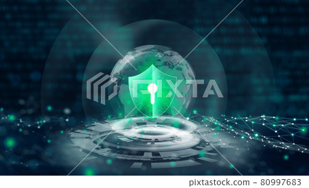 Data protection Cyber Security Privacy. Shield with Keyhole icon in global business internet technology with abstract blue background. Information Privacy Protection Concept. 3D Rendering. Data protection Cyber Security Privacy. Shield with Keyhole icon in global business internet technology with abstract blue background. Information Privacy Protection Concept. 3D Rendering. 80997683