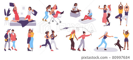 Women friends spend time together, female friendship concept. Happy girl friends having sleepover, hugging, taking selfie vector set 80997684
