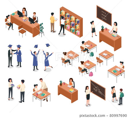 Isometric school. Teacher giving lesson to students. Pupils with backpacks. Classroom furniture and equipment, teachers, students vector set 80997690
