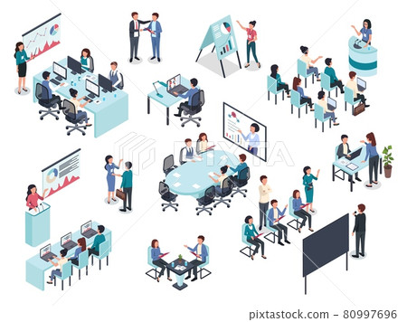Isometric business training or coaching, office conference meeting. Businessman giving presentation, business education seminar vector set 80997696