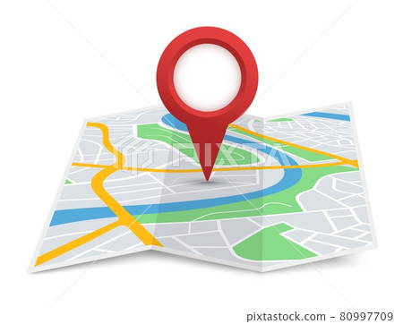 Folded city map with destination pointer, gps navigation. Red location pin marker on 3d paper street maps. Tourist place navigator vector sign 80997709