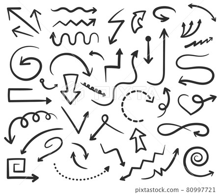 Hand drawn arrows doodles, black arrow drawing. Straight and curved pointers, up or down direction lines, swipe arrow icon vector set 80997721