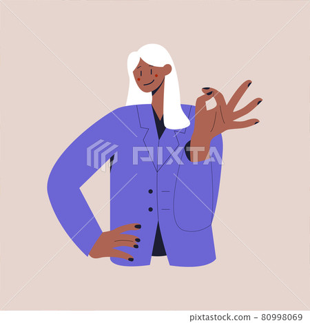A happy black woman in a business suit shows the OK sign. The ok gesture. Colorful flat vector illustration on isolated background. Eps 10. A happy black woman in a business suit shows the OK sign. The ok gesture. Colorful flat vector illustration on isolated background. Eps 10. 80998069