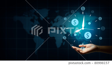 Businessman hand holding sign clock and money icon with world map blue background. Business time management and Business time is money Concept. 80998157