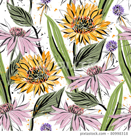 Seamless pattern with a bouquet of wildflowers echinacea, clover and sunflower Seamless pattern with a bouquet of wildflowers echinacea, clover and sunflower 80998318