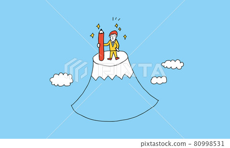 Illustration of a hard worker who climbed to the top of a big mountain floating in the blue sky 80998531