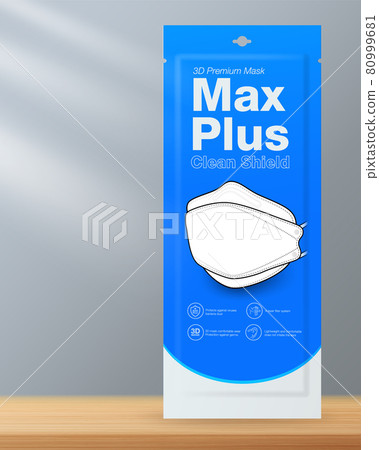 Sachet hygienic face mask packaging design 3D shape medical mask on wooden floor with gray background.Realistic file. 80999681