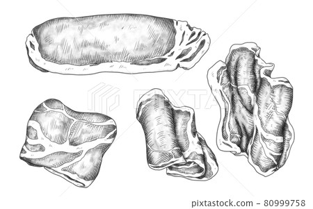 Ingredients-Meat hot pork loin list (monochrome) Can also be used for hot pots, bento boxes, and cooking images Combination series 80999758