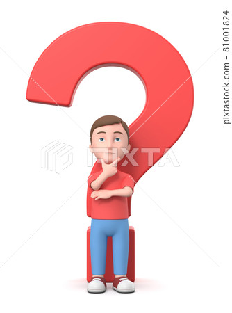 Puzzled Young Kid with Question Mark. 3D Cartoon Character Isolated on White 81001824