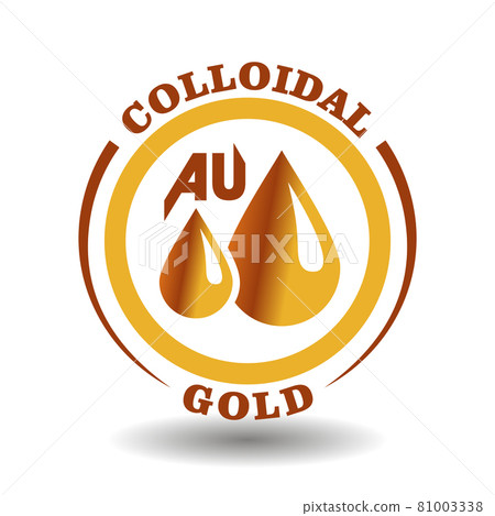 Creative round vector icon of Colloidal Gold ingredient with yellow drops circle sign for labeling luxury cosmetics contain Golden liquid solution, beauty product package with Aurum chemical symbol 81003338