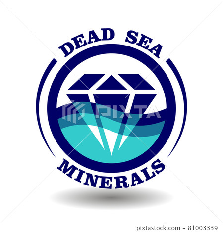 Creative round logo Dead Sea Minerals with crystal diamond cartoon icon in blue ocean wave circle symbol, package label sign for product contain clear marine water mineral salt 81003339