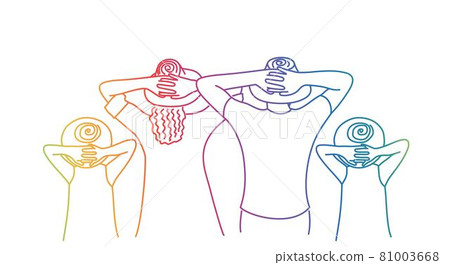 Happy family. People keep their hands on their heads. 81003668