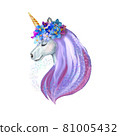 watercolor illustration of a unicorn with flowers on its head a multicolored mane isolated on a white background. 81005432
