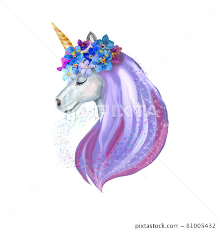 watercolor illustration of a unicorn with flowers on its head a multicolored mane isolated on a white background. watercolor illustration of a unicorn with flowers on its head a multicolored mane isolated on a white background. 81005432