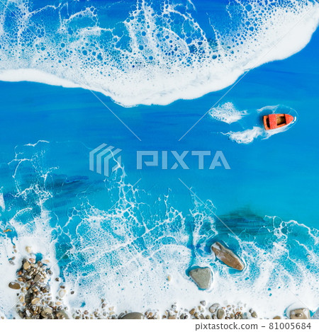 Resin art with blue ocean waves, boat and stone beach. Epoxy art composition Resin art with blue ocean waves, boat and stone beach. Epoxy art composition 81005684