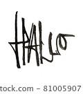 Hello greeting in German language - Hallo. Raster high resolution illustration isolated on white. Textured expressive brush pen calligraphy with black ink. Water color effect.  81005907