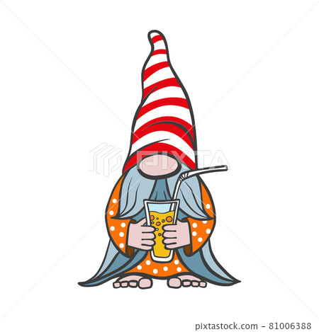 vector illustration of a summer gnome, an elf in a cap with a glass in his hand, isolated on a white background vector illustration of a summer gnome, an elf in a cap with a glass in his hand, isolated on a white background 81006388