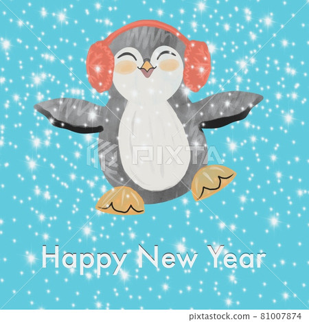 Cute snowy happy new year greeting card with baby penguin Cute snowy happy new year greeting card with baby penguin 81007874