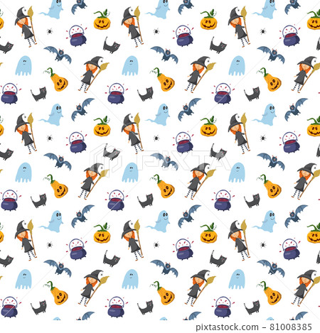 Halloween seamless pattern design. Cute cartoon elements, holiday background, vector illustration 81008385