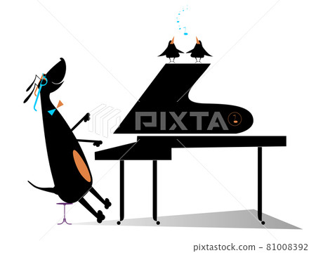 Cartoon dog a pianist illustration. Comic dachshund plays music on piano and listens birds isolated on white illustration 81008392