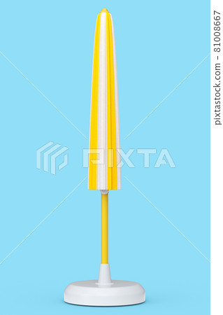 Yellow striped beach umbrella for lounge zone on seashore isolated on blue. 81008667