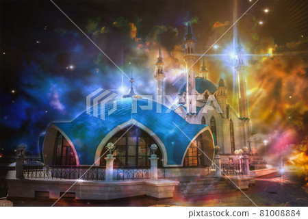 Kazan, Russia, Kul Sharif mosque. Collage with night light spots. 81008884
