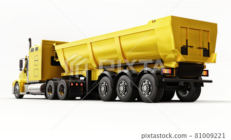 Large yellow American truck with a trailer type dump truck for transporting bulk cargo on a white background. 3d illustration. 81009221