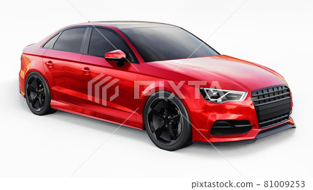 Super fast sports car color red metallic on a white background. Body shape sedan. Tuning is a version of an ordinary family car. 3d rendering. 81009253