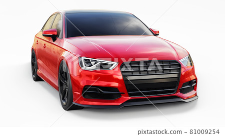 Super fast sports car color red metallic on a white background. Body shape sedan. Tuning is a version of an ordinary family car. 3d rendering. 81009254