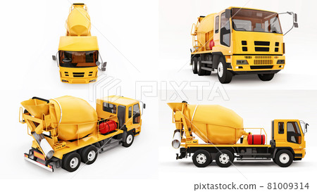 Concrete mixer truck set on white background. Three-dimensional illustration of construction equipment. 3d rendering. 81009314