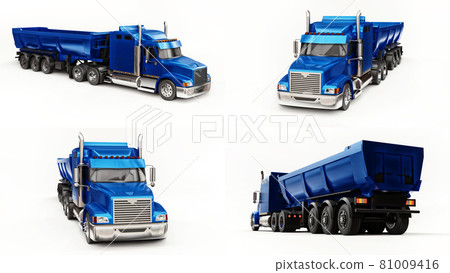 Large American truck with a trailer type dump truck for transporting bulk cargo on a white background. 3d illustration. Large American truck with a trailer type dump truck for transporting bulk cargo on a white background. 3d illustration. 81009416