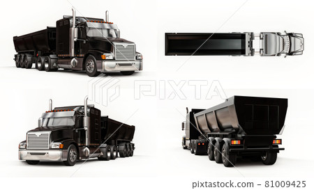 Set large black American truck with a trailer type dump truck for transporting bulk cargo on a white background. 3d illustration. 81009425