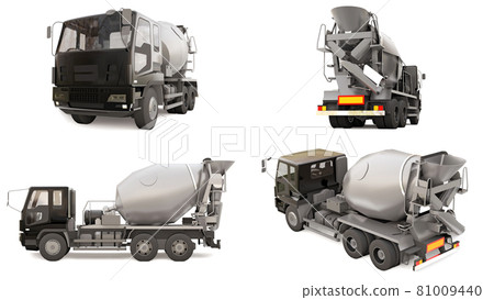 Concrete mixer truck set on white background. Three-dimensional illustration of construction equipment. 3d rendering. Concrete mixer truck set on white background. Three-dimensional illustration of construction equipment. 3d rendering. 81009440