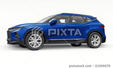 Blue ultra-modern SUV with a catchy expressive design for young people and families on a white isolated background. 3d illustration. 81009876