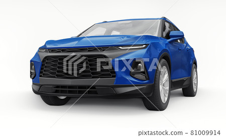 Blue ultra-modern SUV with a catchy expressive design for young people and families on a white isolated background. 3d illustration. Blue ultra-modern SUV with a catchy expressive design for young people and families on a white isolated background. 3d illustration. 81009914