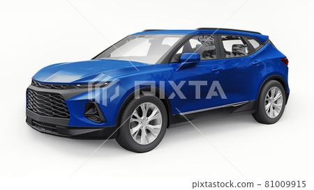 Blue ultra-modern SUV with a catchy expressive design for young people and families on a white isolated background. 3d illustration. Blue ultra-modern SUV with a catchy expressive design for young people and families on a white isolated background. 3d illustration. 81009915