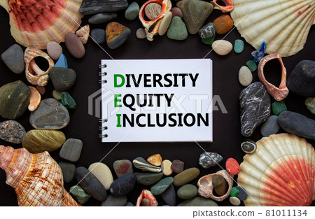 DEI, diversity, equity, inclusion symbol. Words DEI, diversity, equity, inclusion on a beautiful white note, black background. Sea stones and seashells. DEI, diversity, equity, inclusion concept. DEI, diversity, equity, inclusion symbol. Words DEI, diversity, equity, inclusion on a beautiful white note, black background. Sea stones and seashells. DEI, diversity, equity, inclusion concept. 81011134