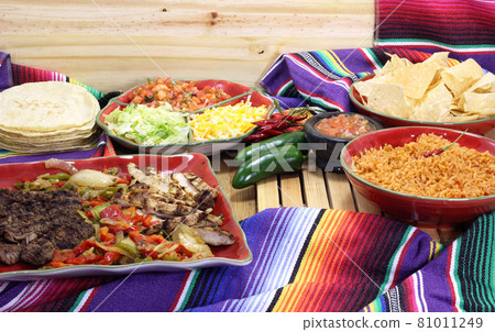 Beef and Chicken Fajita Dinner With Rice and Tortillas in Rustic Setting Beef and Chicken Fajita Dinner With Rice and Tortillas in Rustic Setting 81011249