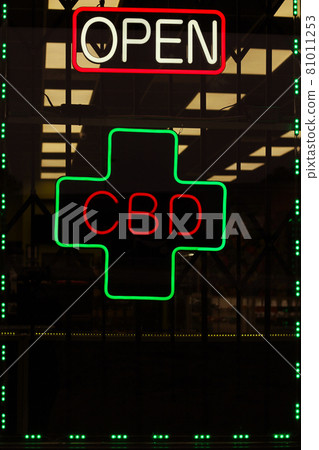 Neon Sign in Smoke Shop Window CBD, Shallow DOF Neon Sign in Smoke Shop Window CBD, Shallow DOF 81011253