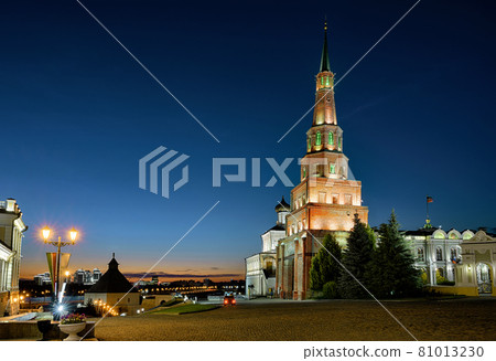 Kazan Kremlin at night, Tatarstan, Russia. Old leaning Suyumbike Tower. 81013230