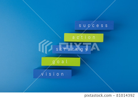 Business or personal development concept. Ladder made of blue and yellow rectangles with text against blue background Business or personal development concept. Ladder made of blue and yellow rectangles with text against blue background 81014392