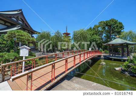 Kawasaki Daishi's garden with an impressive red bridge, Kawasaki City, Kanagawa Prefecture 81016748