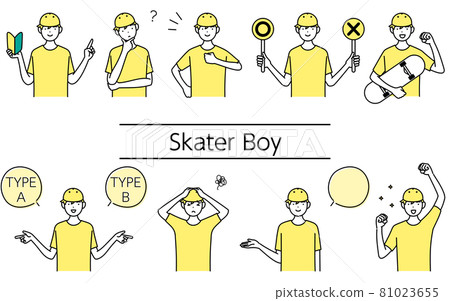 Line drawing set of various poses of boy skater 81023655