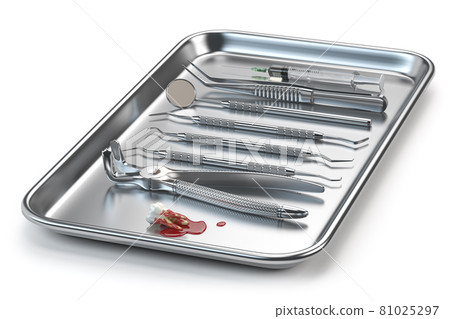 Dentist tools for dental care and extracted tooth with blood. Dentist tools for dental care and extracted tooth with blood. 81025297