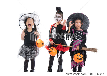 Portrait group of little girls in Halloween and carnival costume isolated on white background Portrait group of little girls in Halloween and carnival costume isolated on white background 81026394